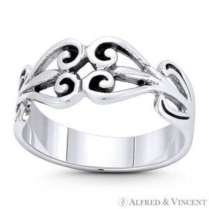 Filigree Swirl Heart Charm Stacking Ring in .925 Sterling Silver - Size 6
